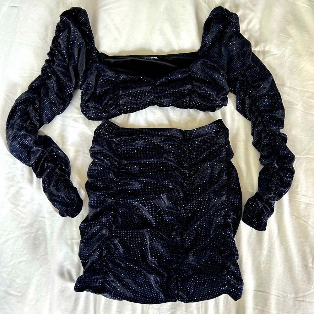 Fashion Nova Blue and Black Velvet Two Piece Set
